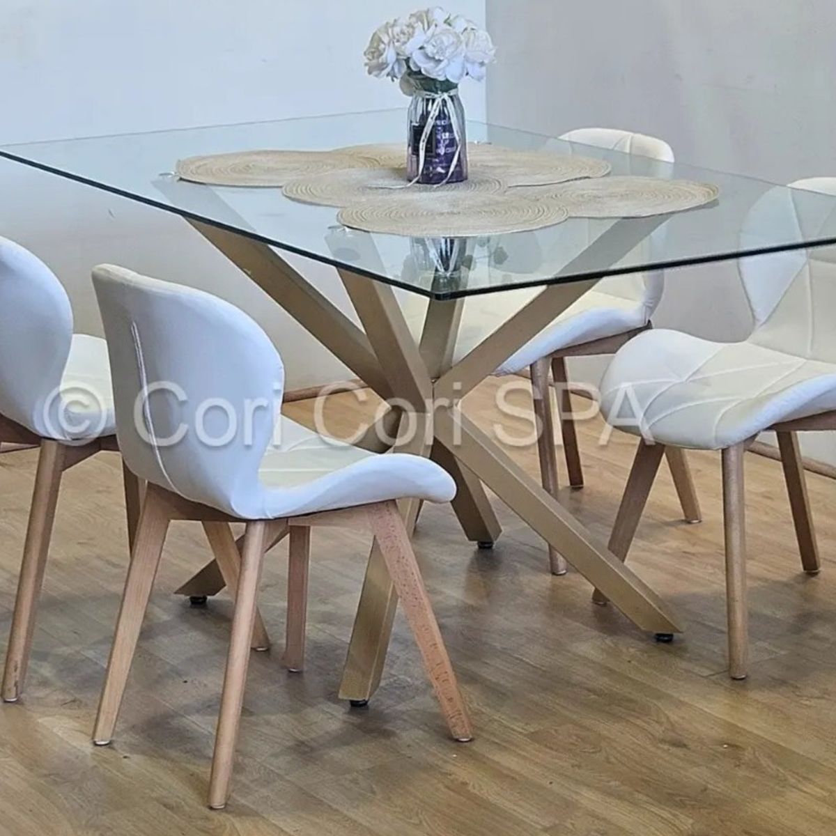 CORI CORI - Juego de Comedor Madrid 140x80cm + 4 Sillas Mariposa Ecocuero Wood Blanco