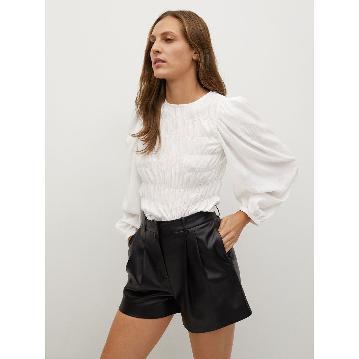 MANGO - Blusa Crop Panel Elástico Manga Globo Lamb Mujer