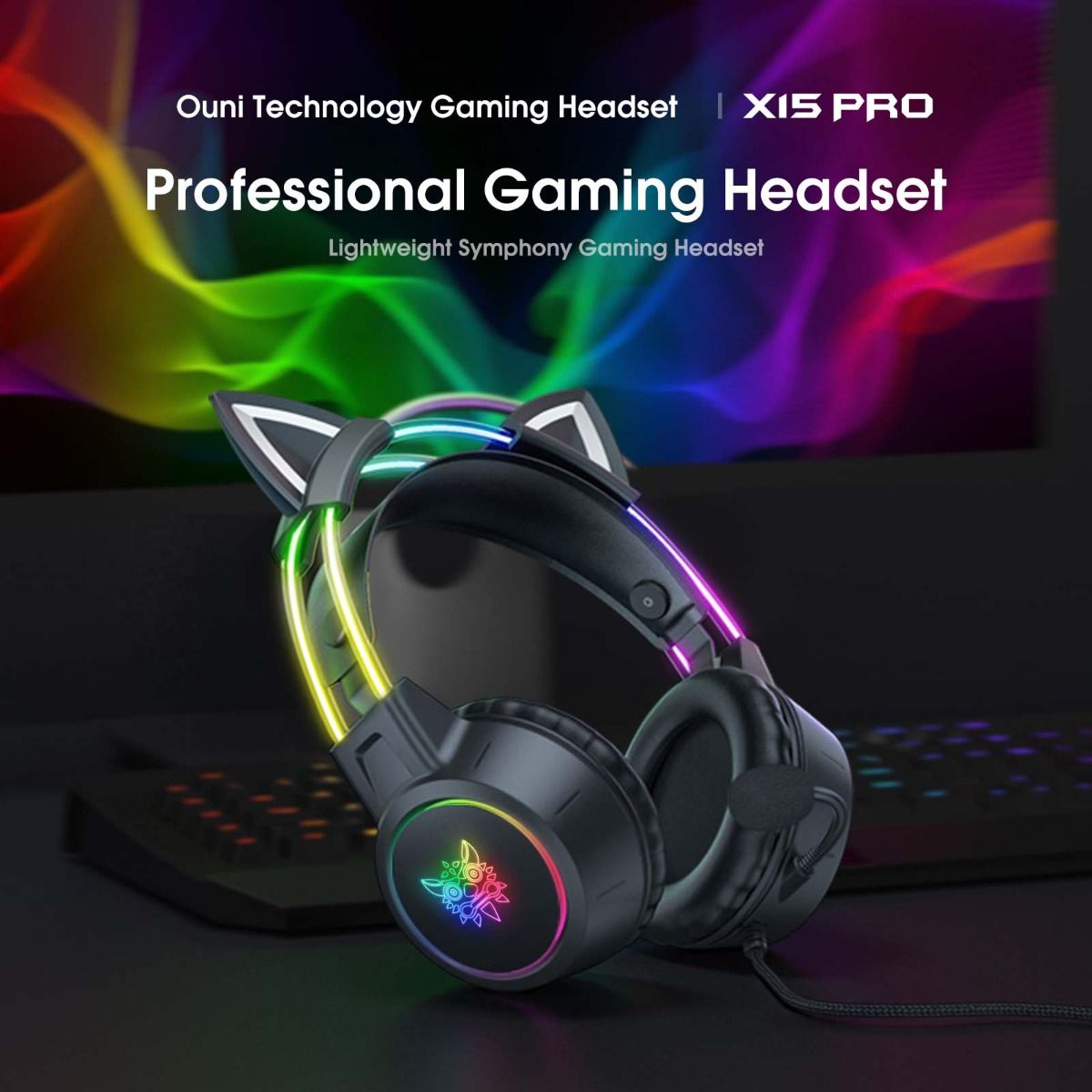 ONIKUMA - Audifono Gamer x15Pro Orejas de Gato Negro Cancelación Ruido