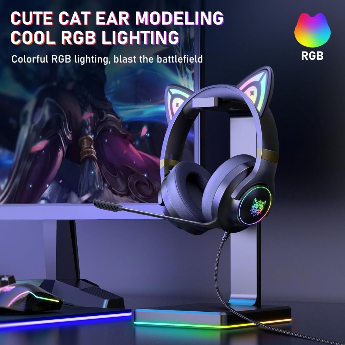 ONIKUMA - Audifono Gamer X30 Orejas de Gato Luz RGB Microfono Desmonta