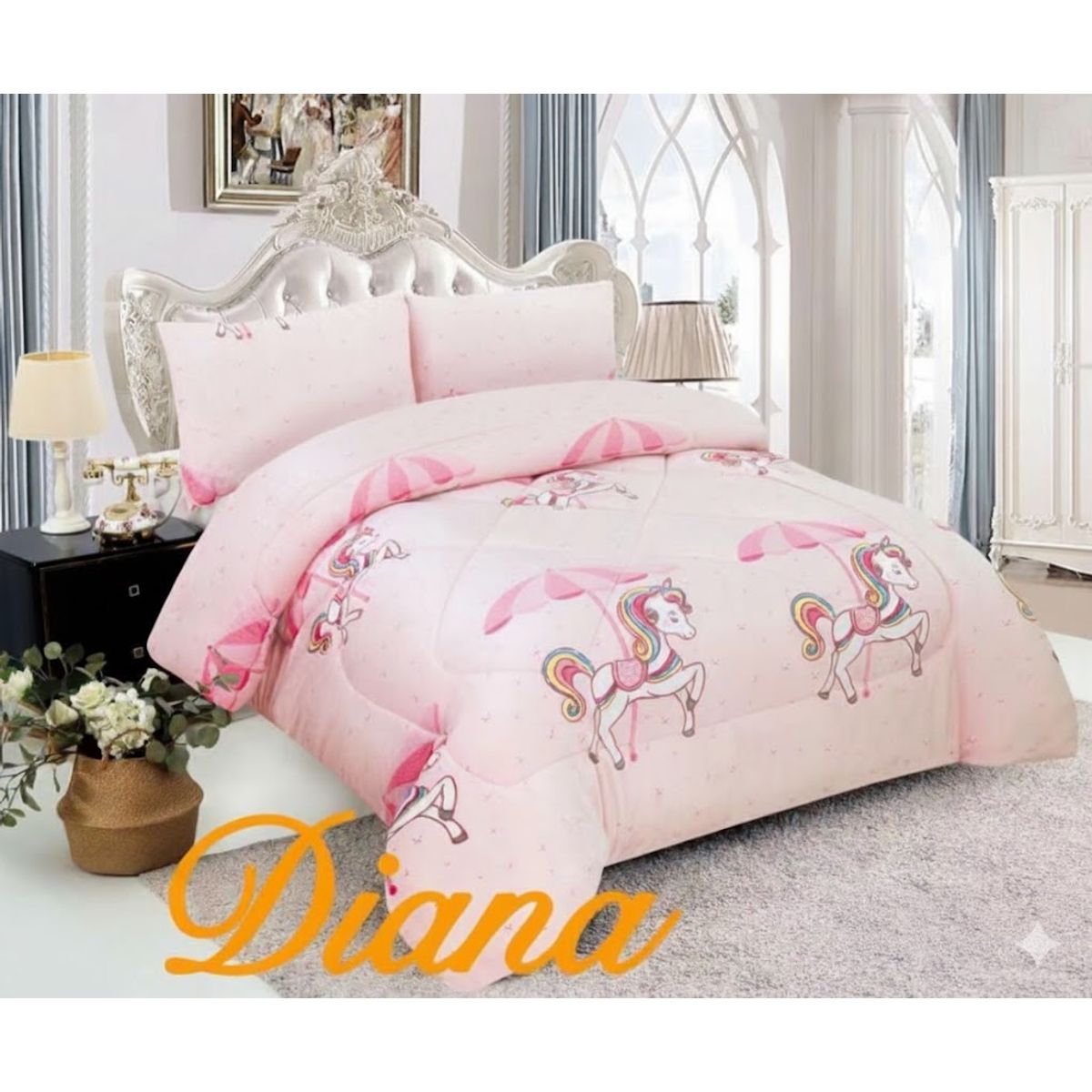 DIANA - COBERTOR DE NIÑA PARA INVIERNO PLUSH CON CHIPORRITO 1.5 PLAZA CON DISEÑO CABALLITO SOMBRILLA_.