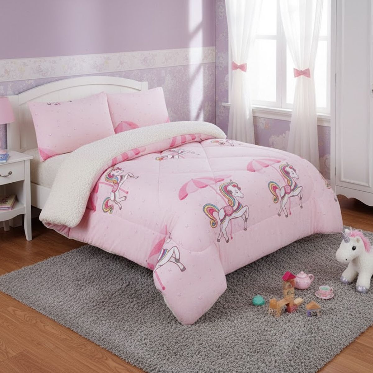 DIANA - COBERTOR DE NIÑA PARA INVIERNO PLUSH CON CHIPORRITO 1.5 PLAZA CON DISEÑO CABALLITO SOMBRILLA_.