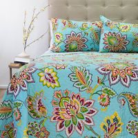 CUBRECAMA QUILT STITCHY ESTAMPADO FLOR TURQUESA Y AMARILLO 2 PLAZAS