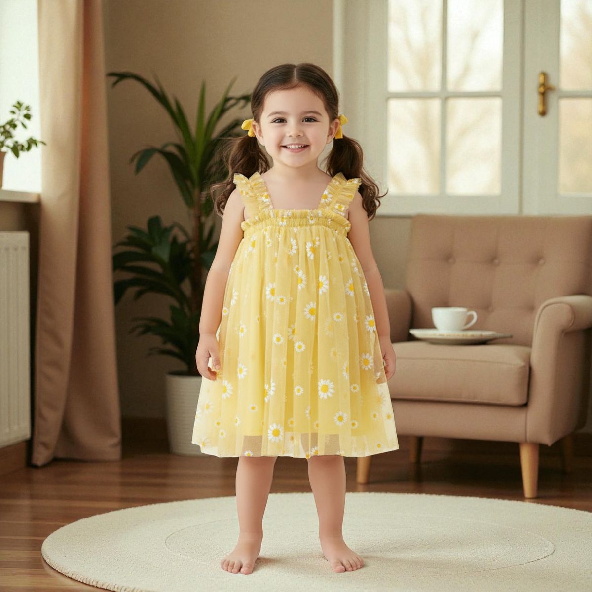 CHINA - Vestido De Malla Amarillo Con Estampado De Margaritas CJ126