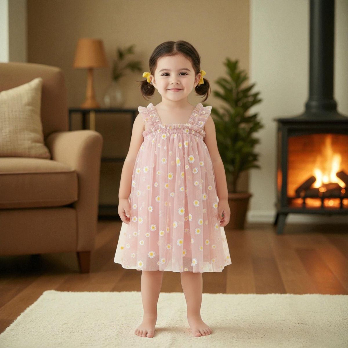 CHINA - Vestido De Malla Rosado Con Estampado De Margaritas CJ125