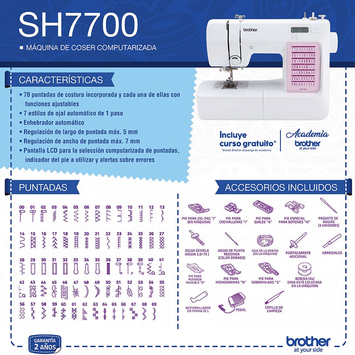 BROTHER - Máquina Coser Brother SH7700 Computarizada + mesa extensión + hilos de REGALOS