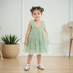 CHINA - Vestido De Malla Verde Con Estampado De Margaritas CJ124