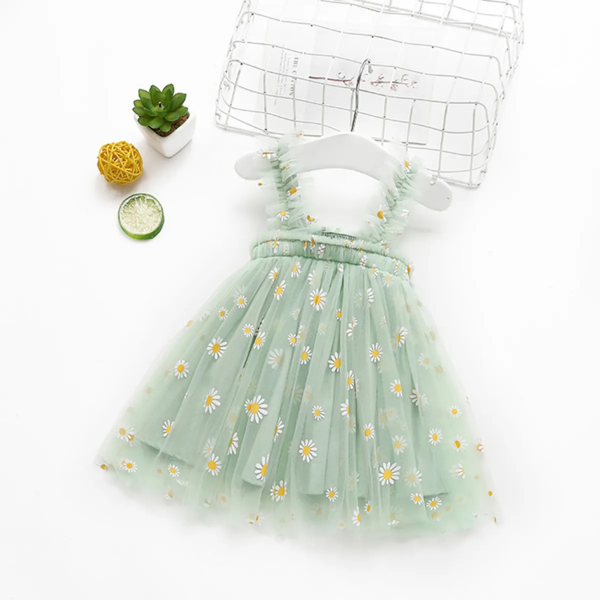 CHINA - Vestido De Malla Verde Con Estampado De Margaritas CJ124
