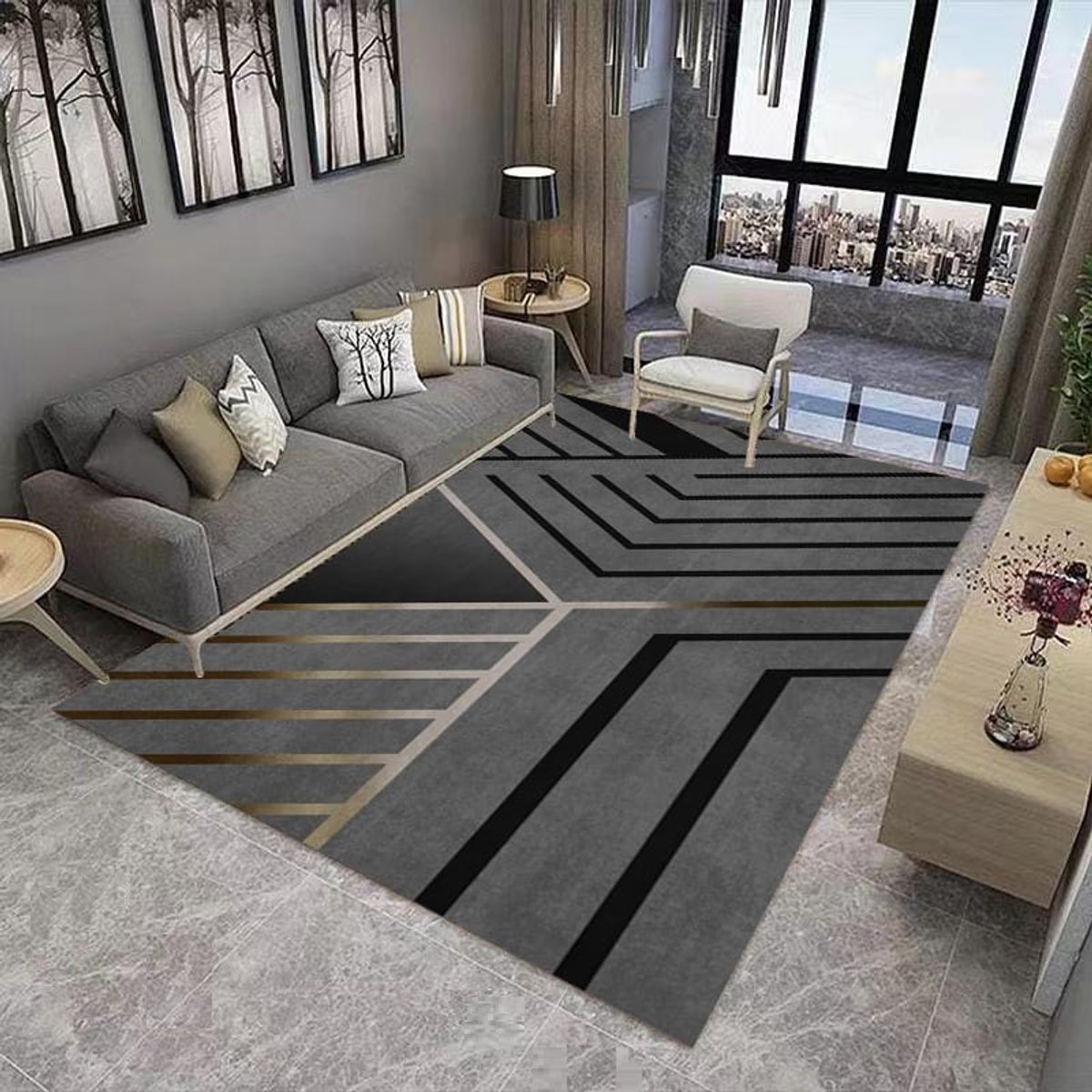 GENERICO - ALFOMBRA CON DISEÑO 180X200 DISEÑO GRIS GEOMETRICO  LINEAS MODERNA ELEGANTE DCOIDEA