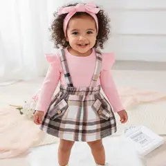 CHINA - Conjunto De 3 Prendas Polera Manga Larga Rosado + Falda Cuadrille Con Tirantes + Lazo CJ114