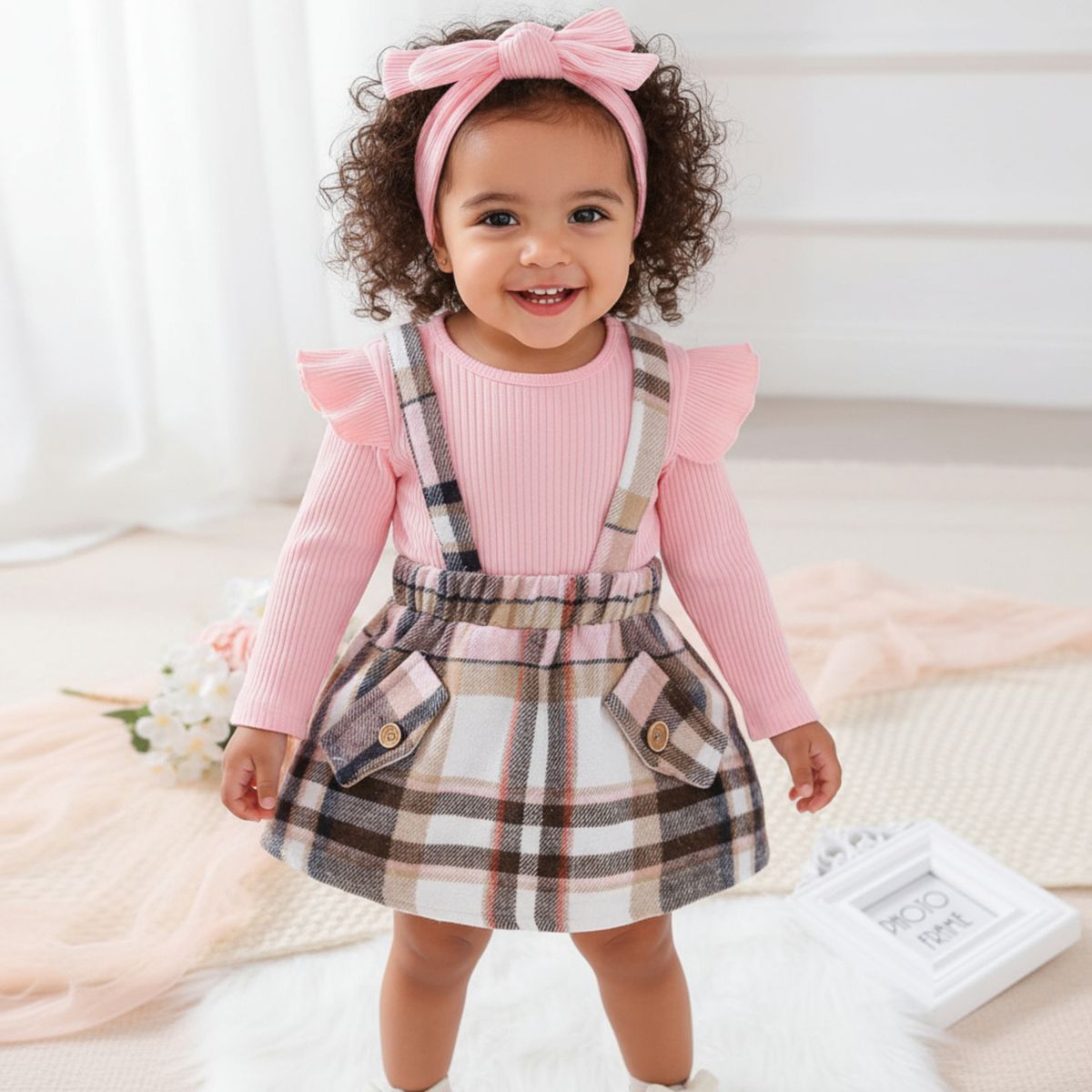 CHINA - Conjunto De 3 Prendas Polera Manga Larga Rosado + Falda Cuadrille Con Tirantes + Lazo CJ114