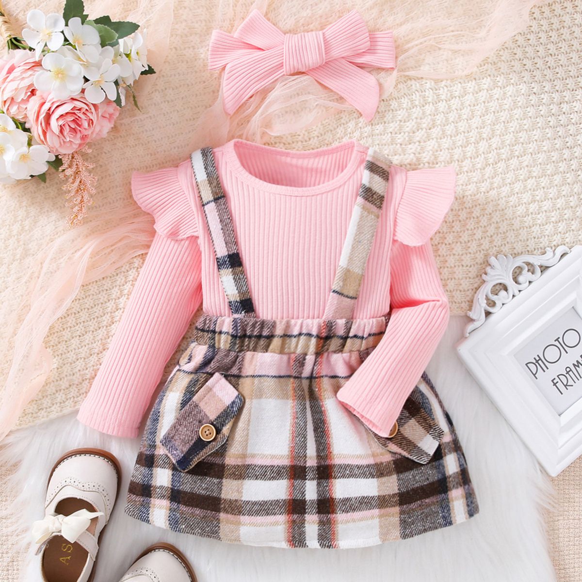 CHINA - Conjunto De 3 Prendas Polera Manga Larga Rosado + Falda Cuadrille Con Tirantes + Lazo CJ114
