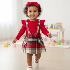 CHINA - Conjunto De 3 Prendas Polera Manga Larga Rosado + Falda Cuadrille Con Tirantes + Lazo CJ115