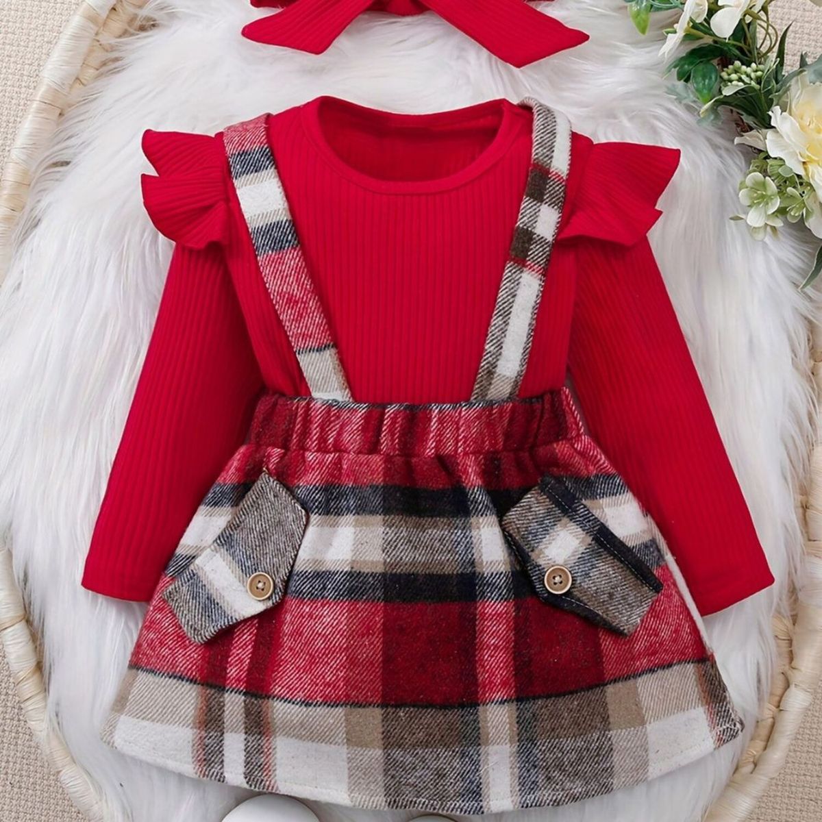 CHINA - Conjunto De 3 Prendas Polera Manga Larga Rosado + Falda Cuadrille Con Tirantes + Lazo CJ115