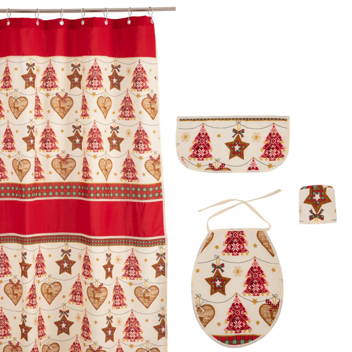 GENTILE - CORTINA DE BAÑO NAVIDAD 4 PIEZAS CRUDO ROJO