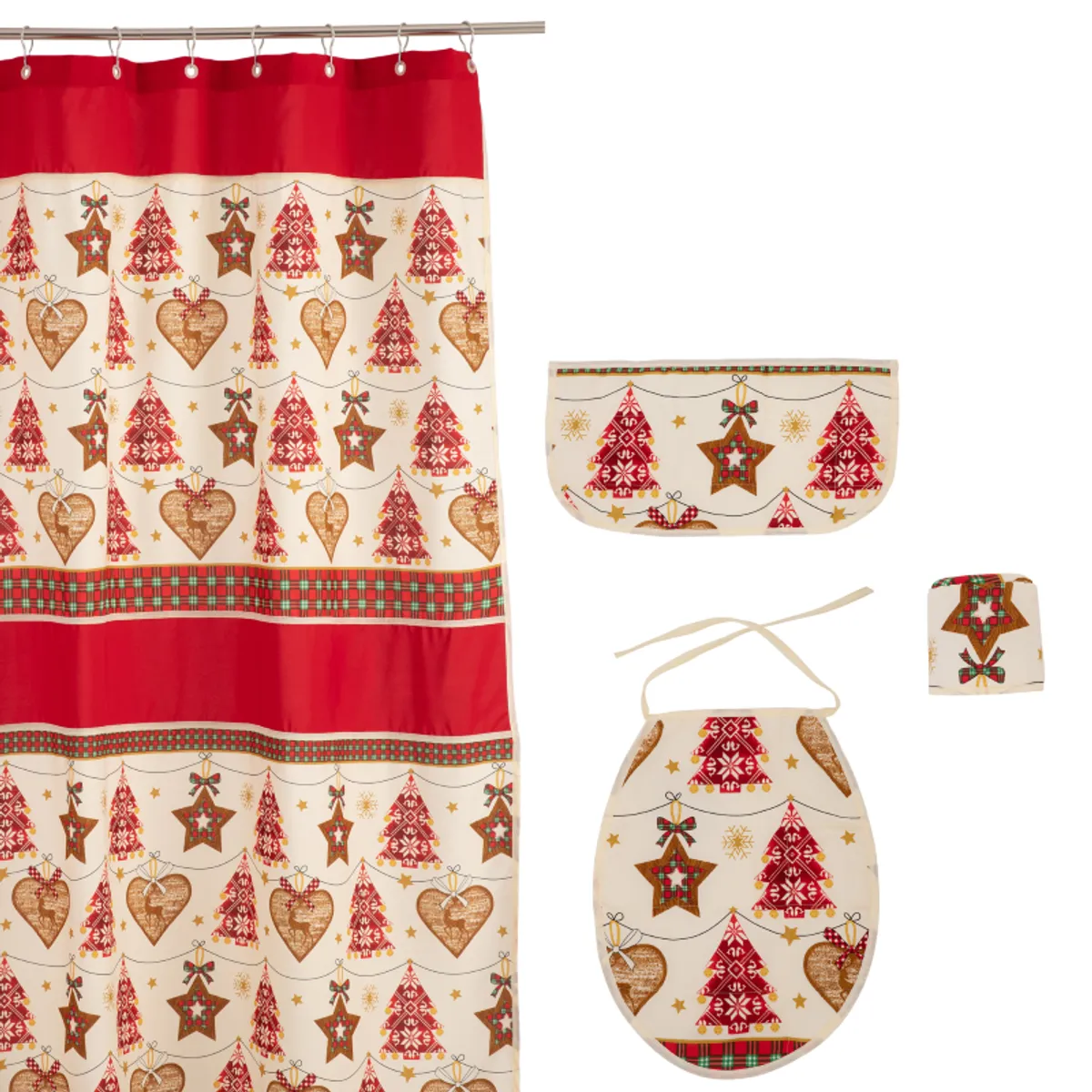 GENTILE - CORTINA DE BAÑO NAVIDAD 4 PIEZAS CRUDO ROJO
