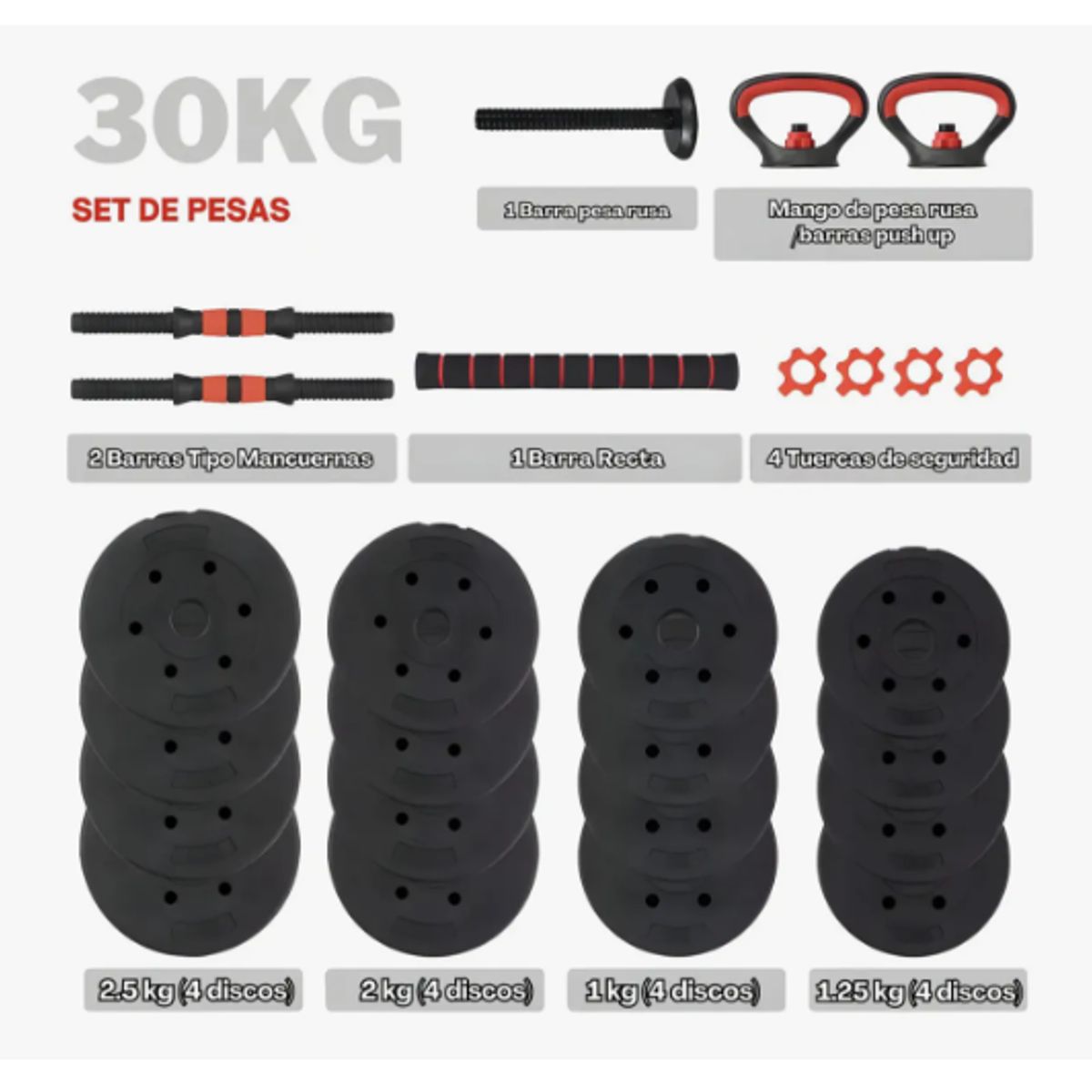 GENERICO - Set Mancuernas Barra Rusa Ajustables 30 Kg 4 En 1