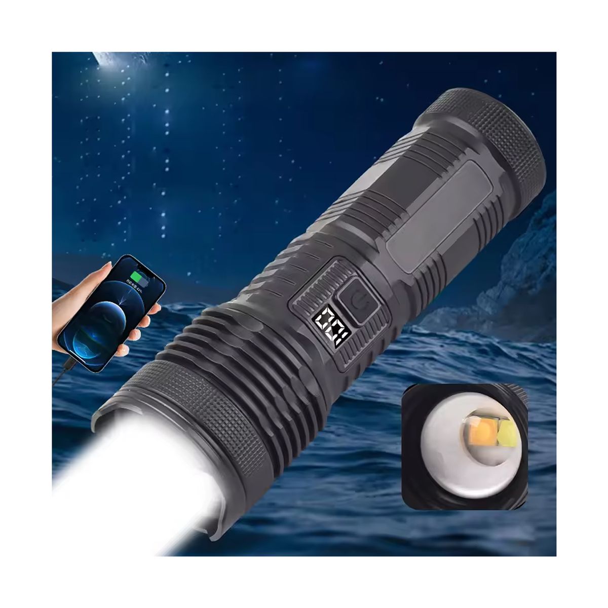 IRM - Linterna LED Recargable de Alta Potencia con Zoom y Pantalla Digital + Power Bank