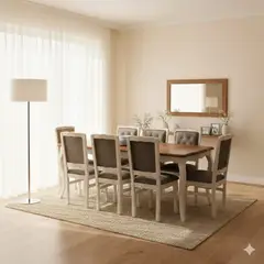 MUEBLES NATIVA - Comedor Normando 100x200 Blanco Invierno Cubierta Miel Respaldo Tapizado Gris