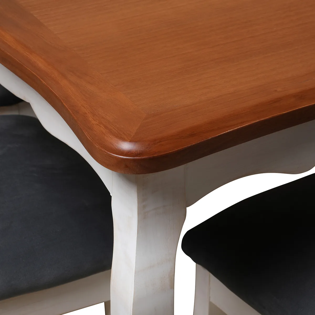 MUEBLES NATIVA - Comedor Normando 100x200 Blanco Invierno Cubierta Miel Respaldo Tapizado Gris