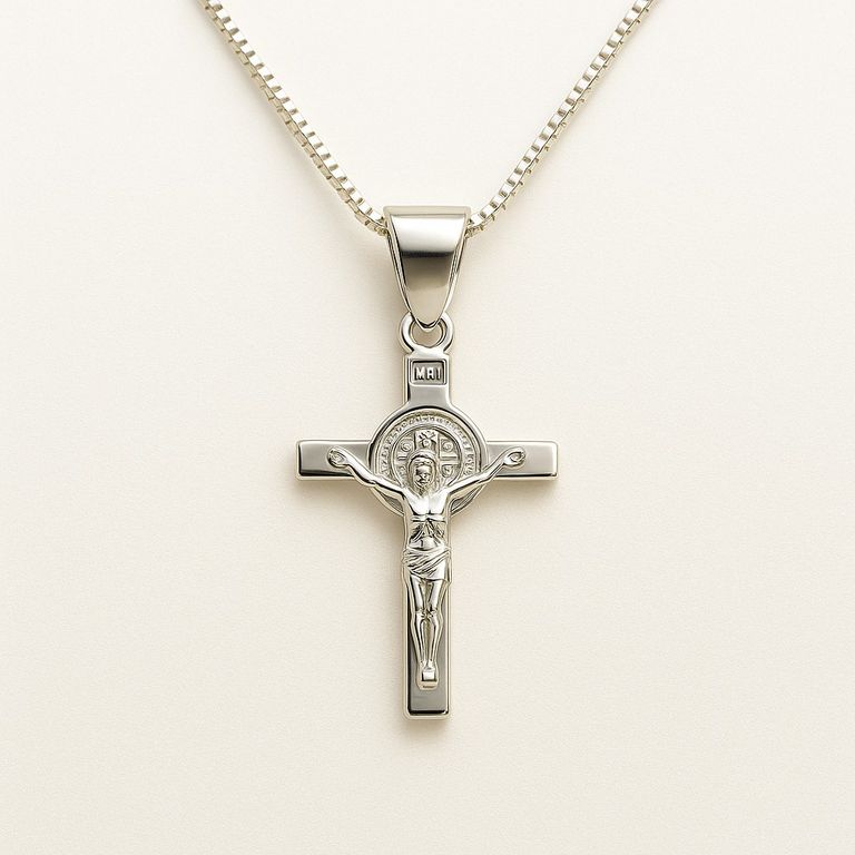 Collar Crucifijo San Benito 50cm Plata 925 Plateado TALLA UNICA