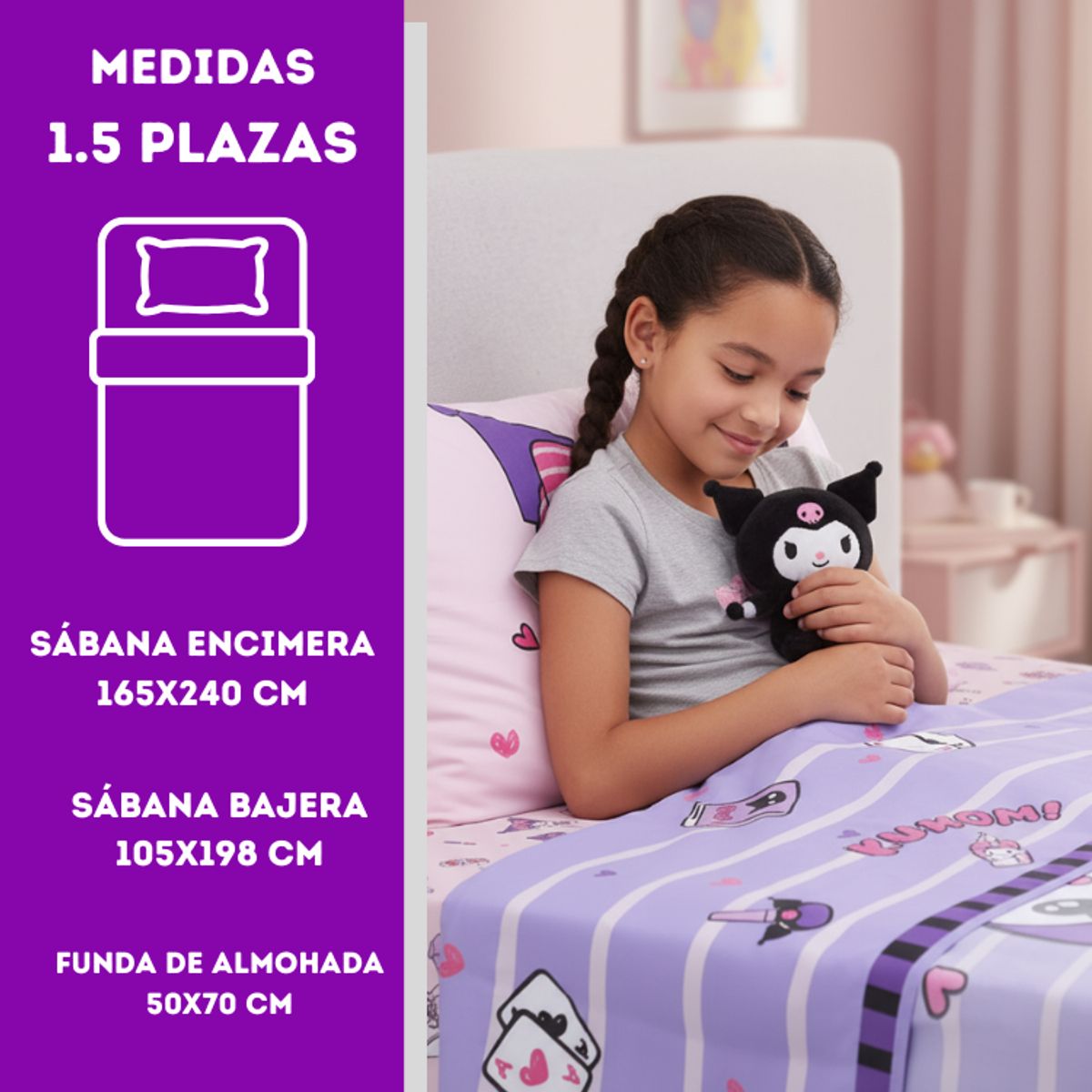 MASHINI - Juego Sábanas Mashini Kuromi Niña 1,5 Plazas