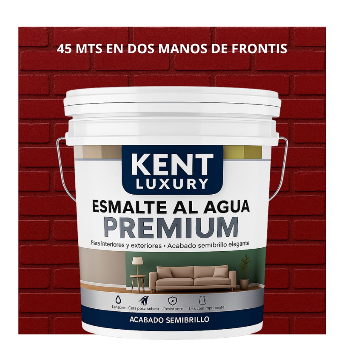 KENT - PINTURA ESMALTE AGUA FACHADAS - SEMIBRILLO - TINETA 10L ROJO RUBÍ