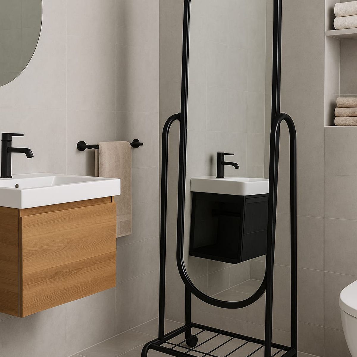 GENERICO - Espejo De Pie Con Ruedas y Repisa Inferior Negro