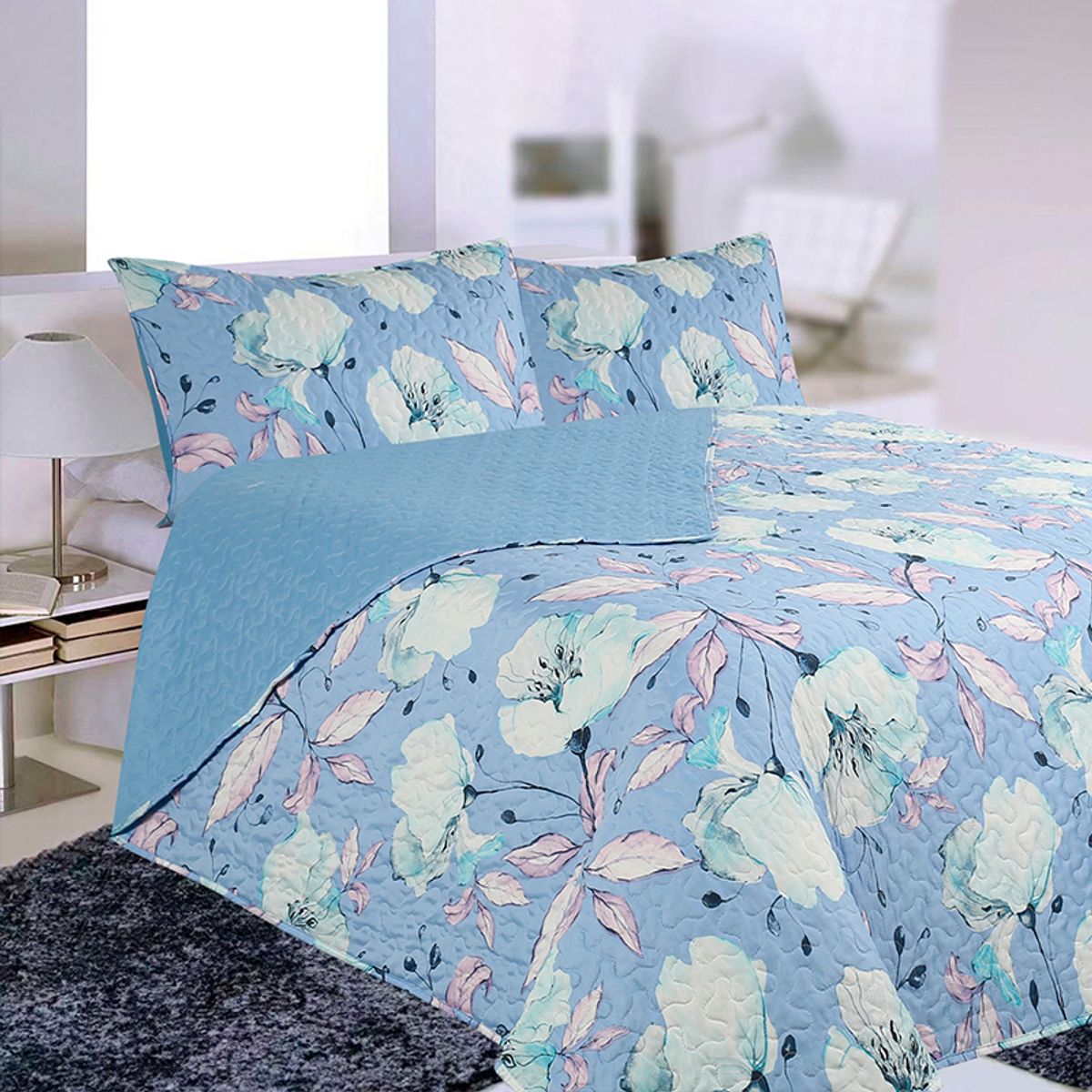 DORAL - CUBRECAMA QUILT STITCHY ESTAMPADO FLORES CELESTE Y LILA DORAL 2 PLAZAS