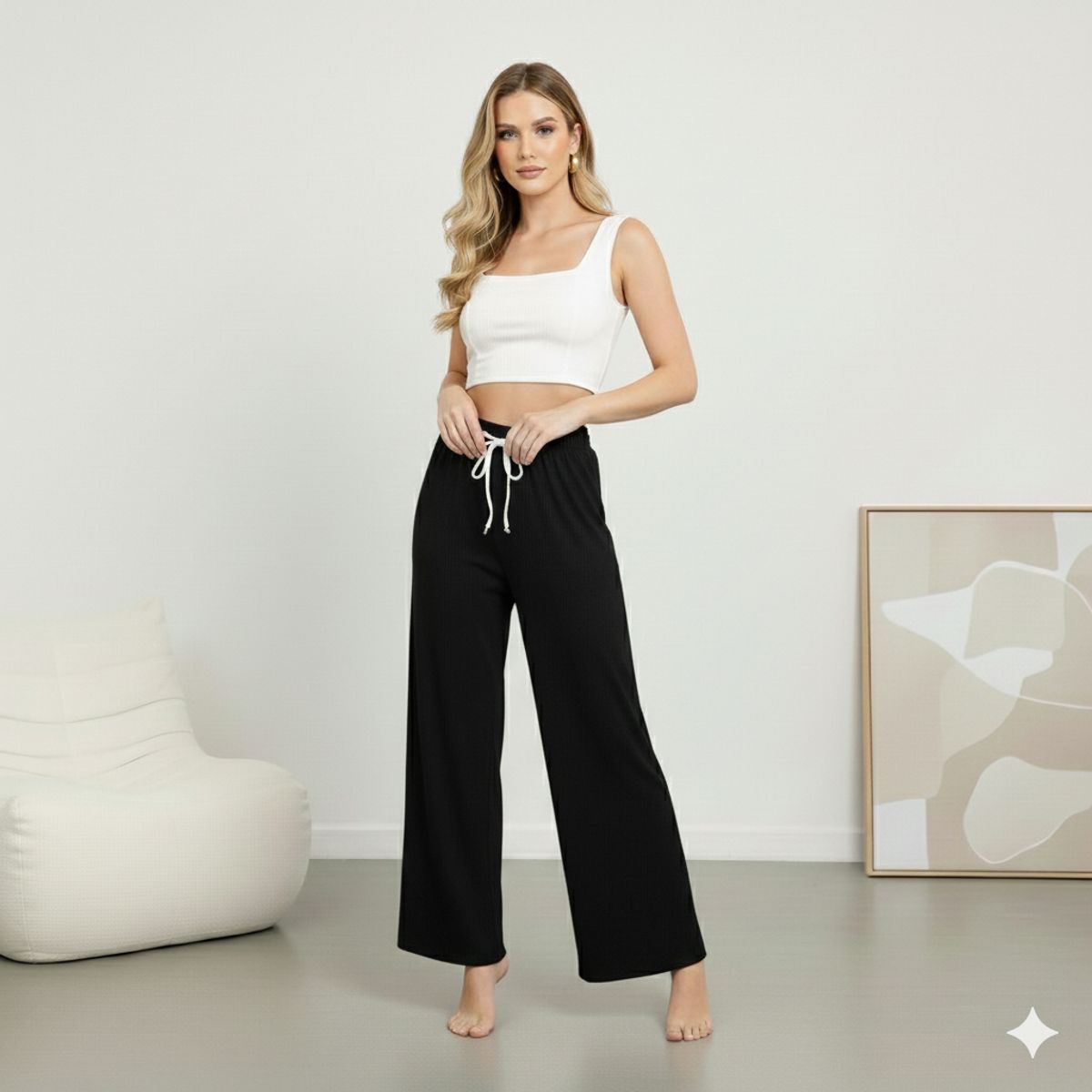 HERIEL - Pantalón Palazzo Tela Liviana Tiro Alto Elásticado