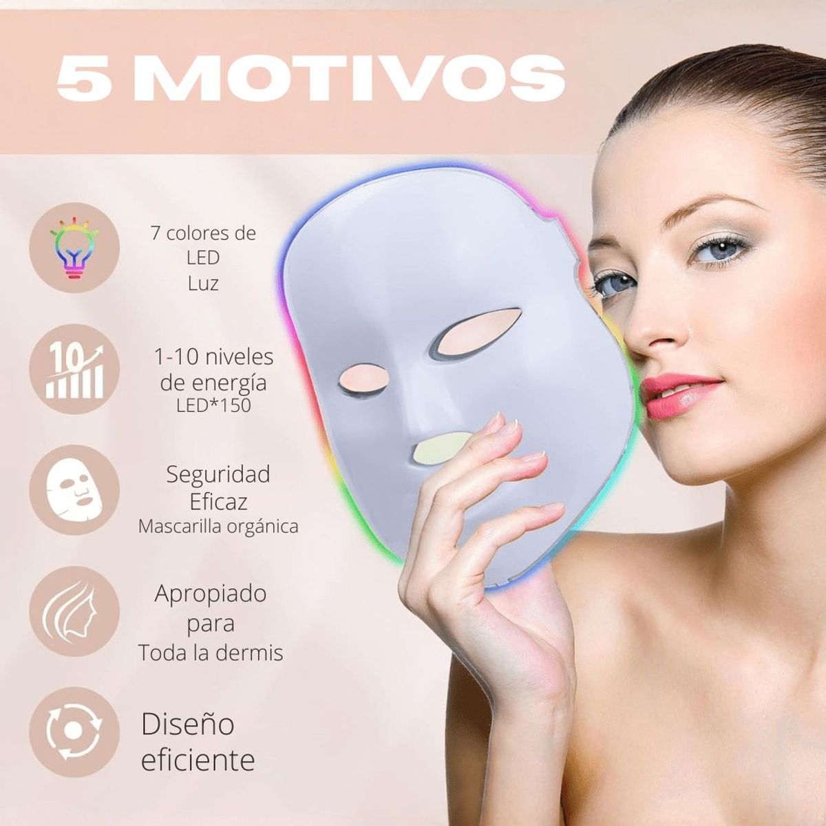 MOVI - Máscara LED 7 Colores – Terapia Fotónica Profesional para Arrugas, Acné y Manchas en Casa