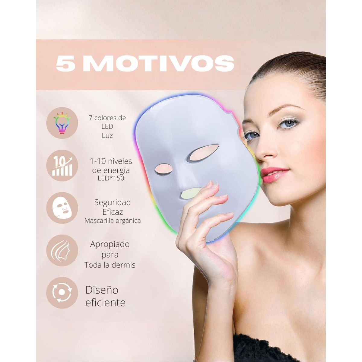 MOVI - Máscara LED 7 Colores – Terapia Fotónica Profesional para Arrugas, Acné y Manchas en Casa