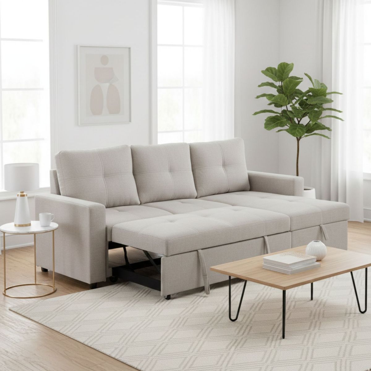 DANIELS - Sofá Cama Seccional 2 Plazas Lino Grueso Beige Reversible Wing