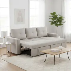 DANIELS - Sofá Cama Seccional 2 Plazas Lino Grueso Beige Reversible Wing