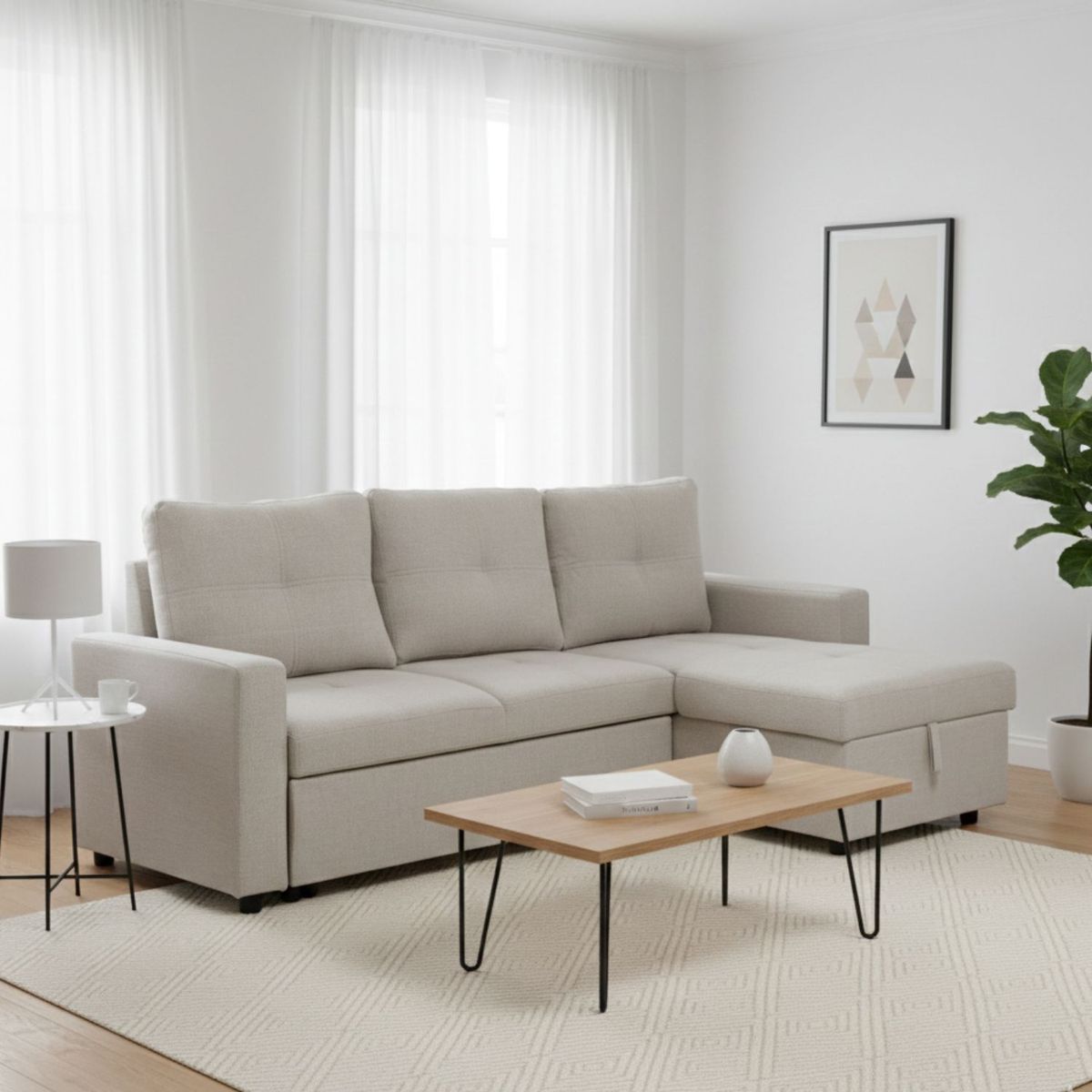 DANIELS - Sofá Cama Seccional 2 Plazas Lino Grueso Beige Reversible Wing