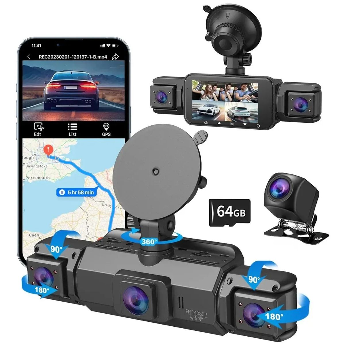 KUANGYE - 1080p Cámara Para Auto Dash Cam 4 Cámara Gps Wifi + 64gb