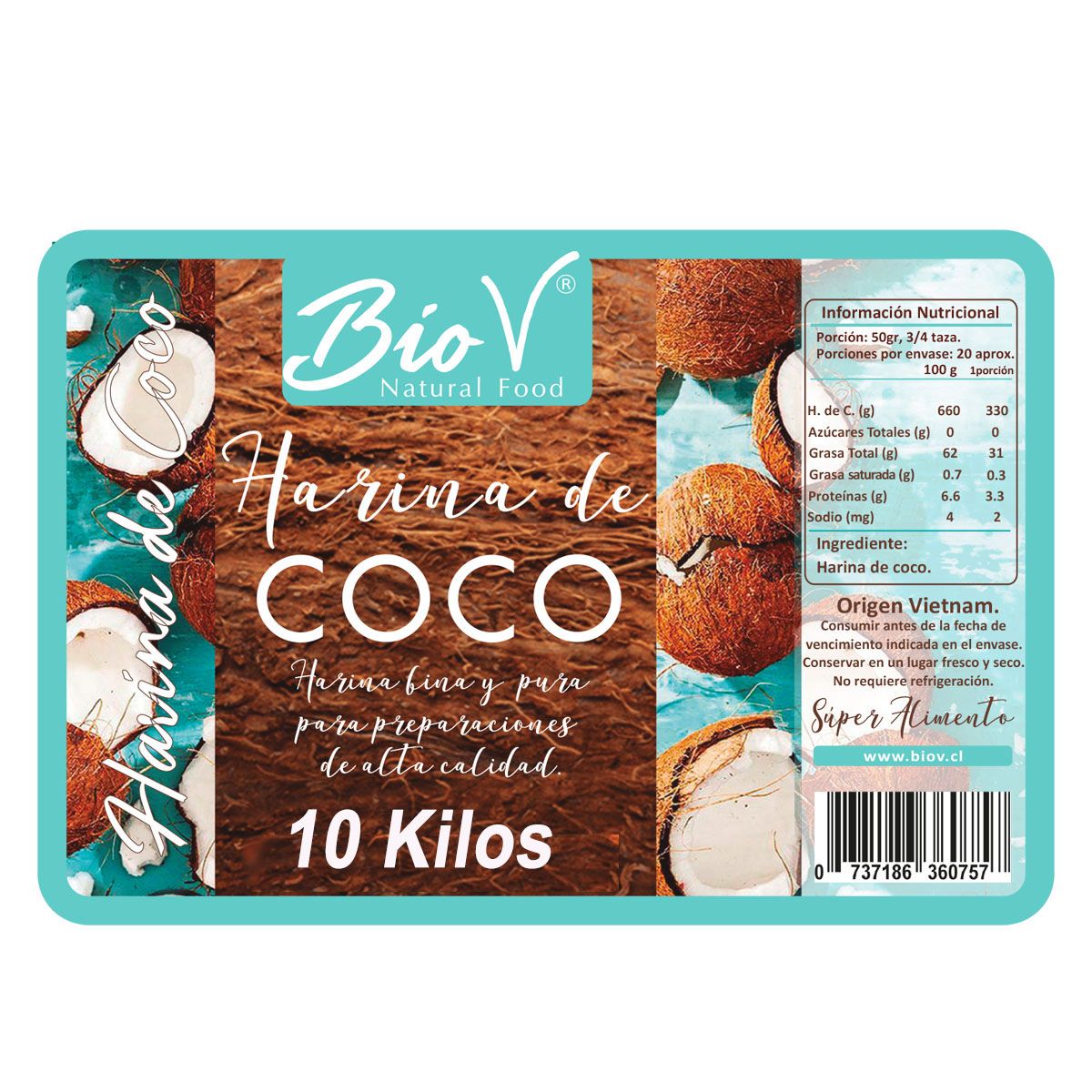 BIOV - Harina de Coco 10Kg Sin Gluten Natural Baja en Carbohidratos Biov