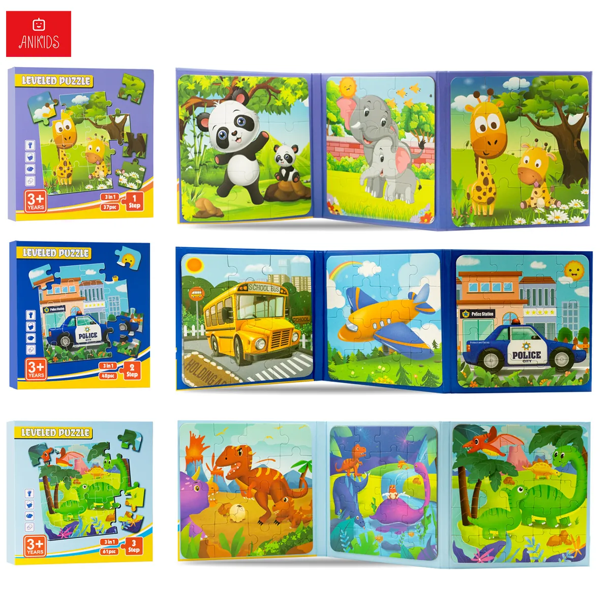 ANIKIDS - Set 3 Libros Puzzle Magnético Plegable Juguete Niños 146 Pcs