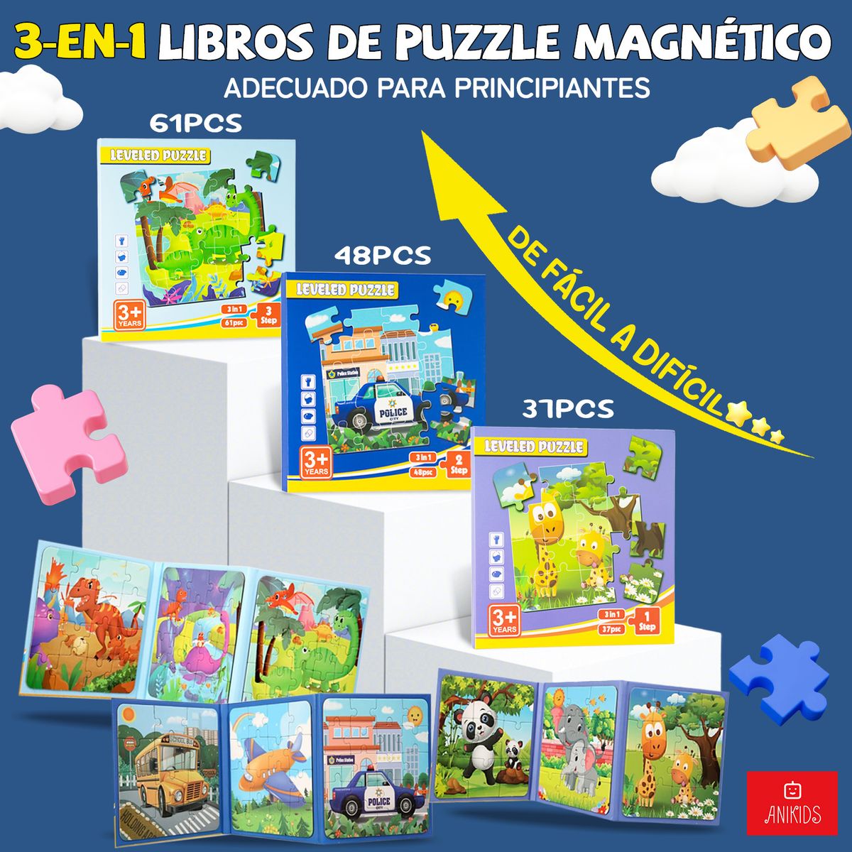 ANIKIDS - Set 3 Libros Puzzle Magnético Plegable Juguete Niños 146 Pcs
