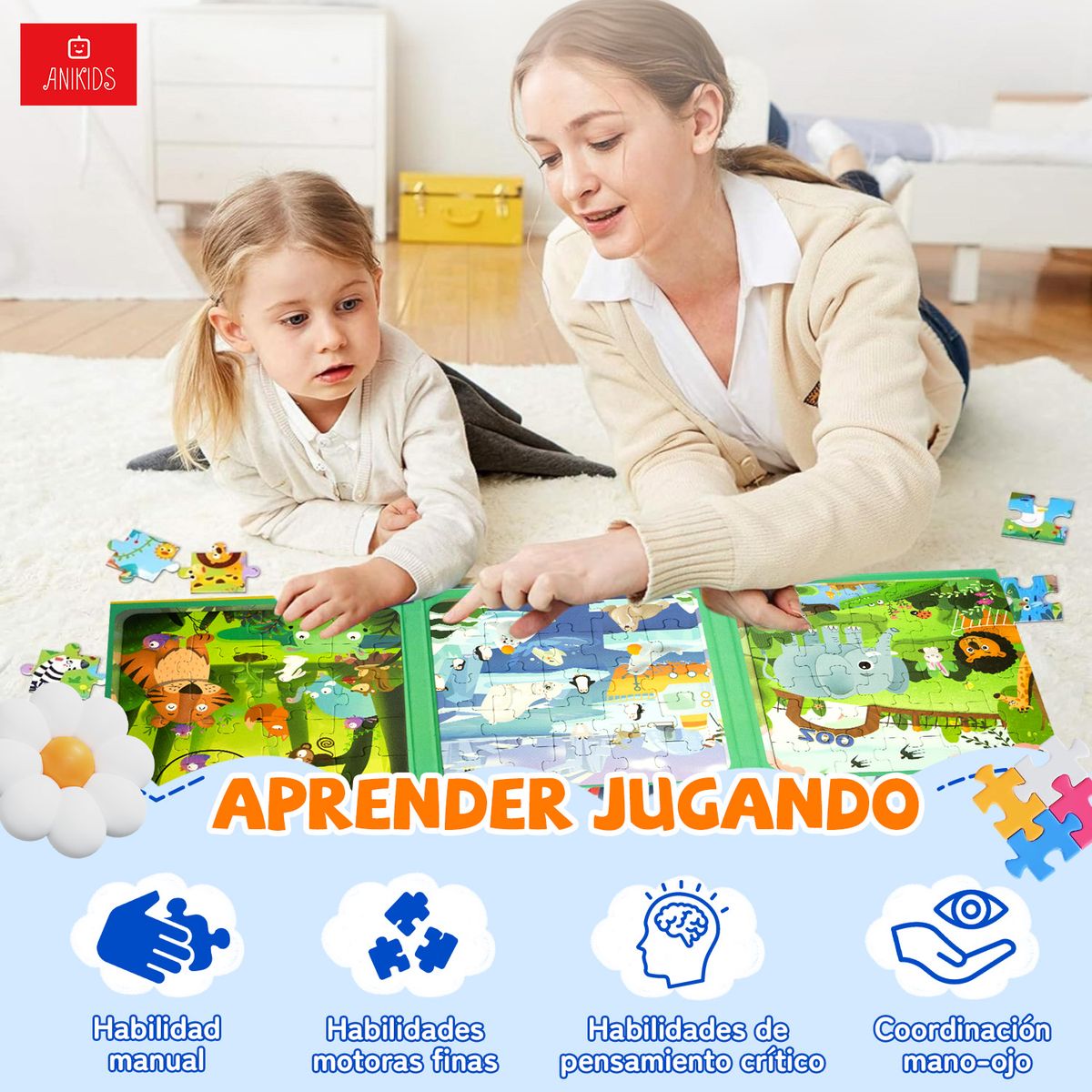 ANIKIDS - Set 3 Libros Puzzle Magnético Plegable Juguete Niños 211 Pcs
