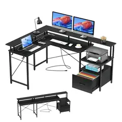 GENERICO - Escritorio Gamer En L Con Enchufe y Estantes Cajón 242cm negro