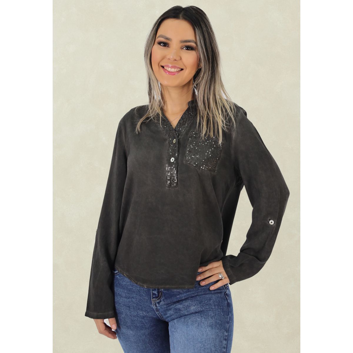 TENTATION - Blusa Bio Wash Aplic Black Tentation