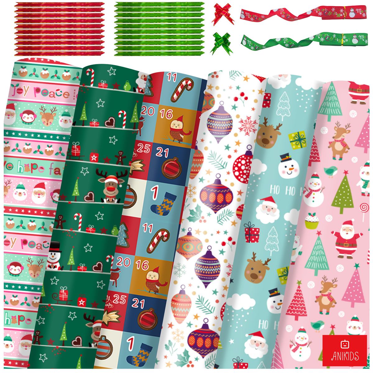 ANIKIDS - Set 12 Papel De Regalo Navidad Con Cintas Lazos 75x51cm
