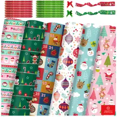 ANIKIDS - Set 12 Papel De Regalo Navidad Con Cintas Lazos 75x51cm