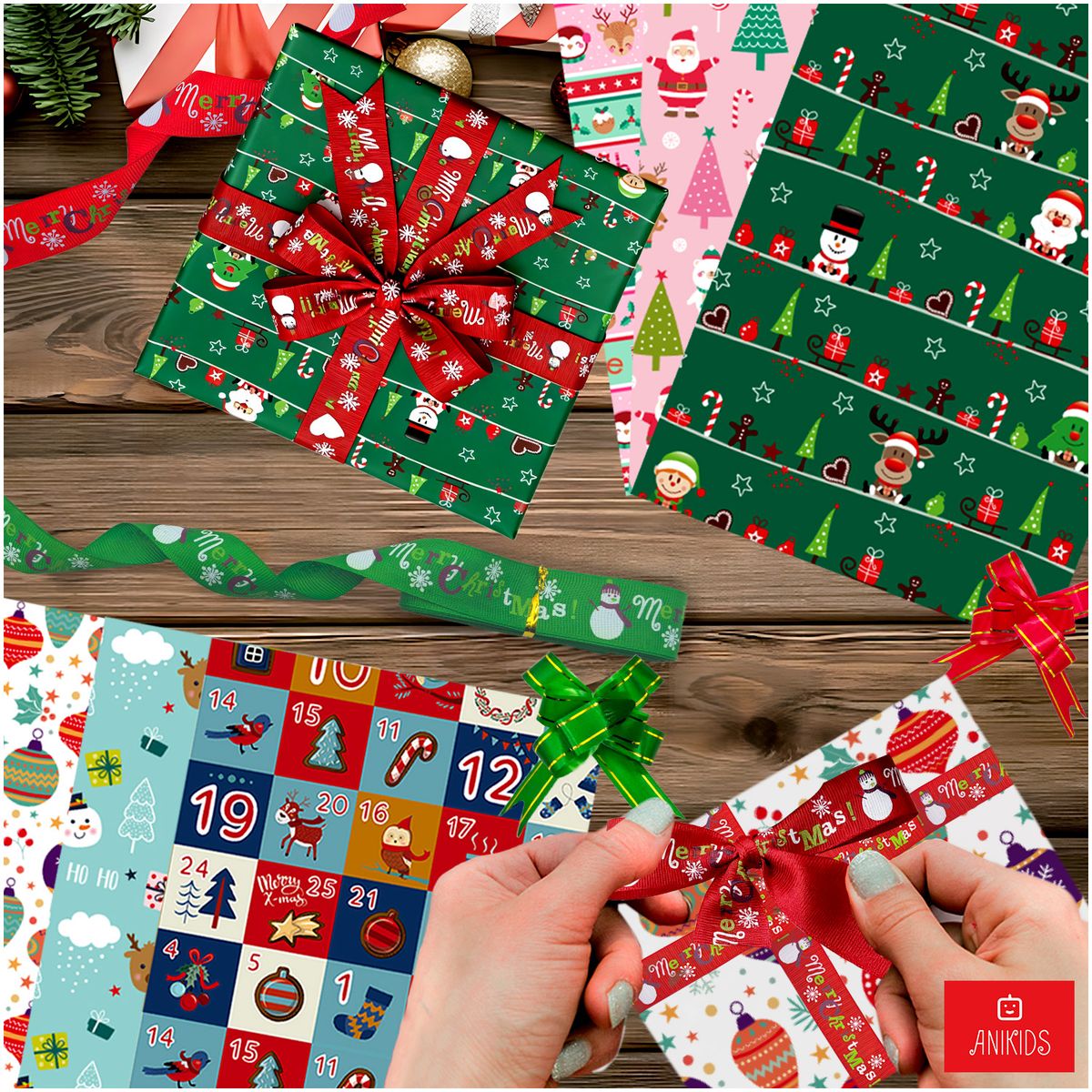 ANIKIDS - Set 12 Papel De Regalo Navidad Con Cintas Lazos 75x51cm