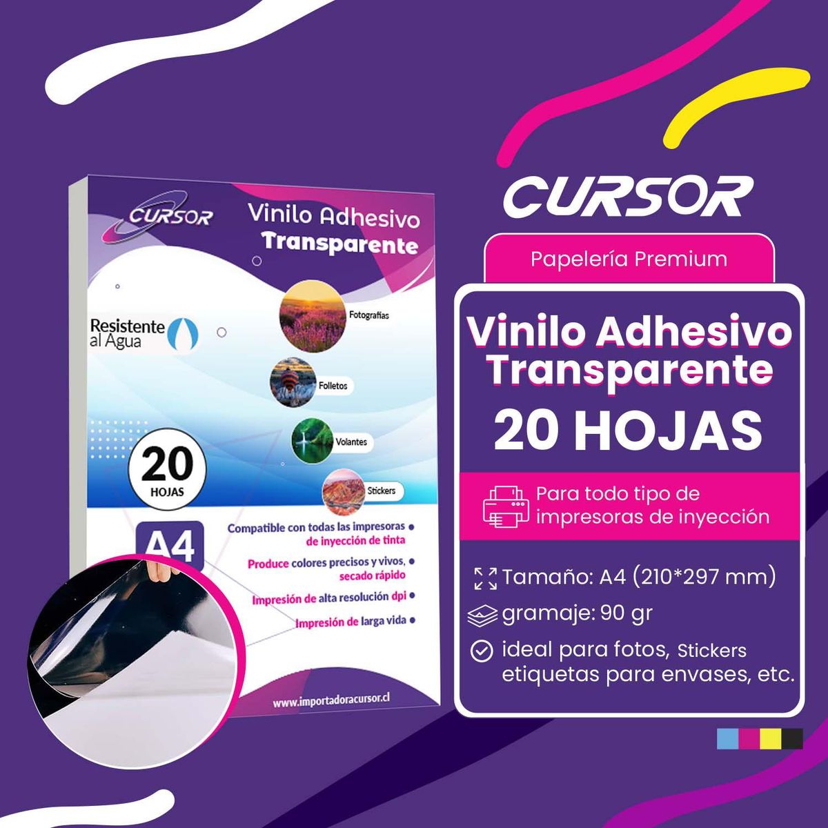 CURSOR - Vinilo Adhesivo Transparente Resistente Al Agua A4 20 Hojas