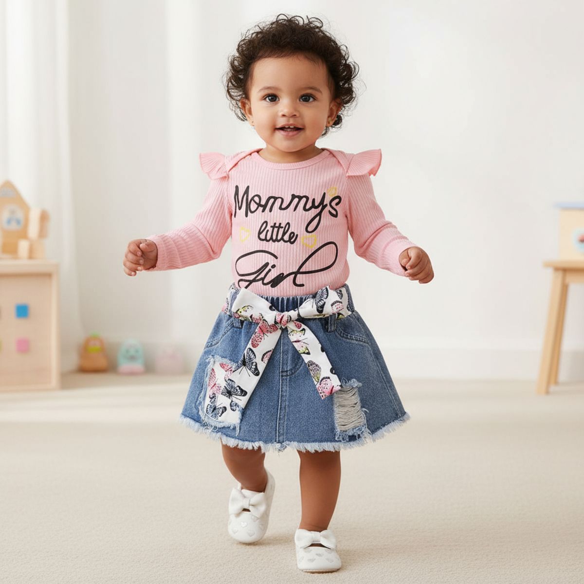 CHINA - Conjunto Para Niña De 3 Prendas Body Manga Larga Rosado + Falda De Mezclilla Y Cinturón CJ113