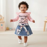 Conjunto Para Niña De 3 Prendas Body Manga Larga Rosado + Falda De Mezclilla Y Cinturón CJ113