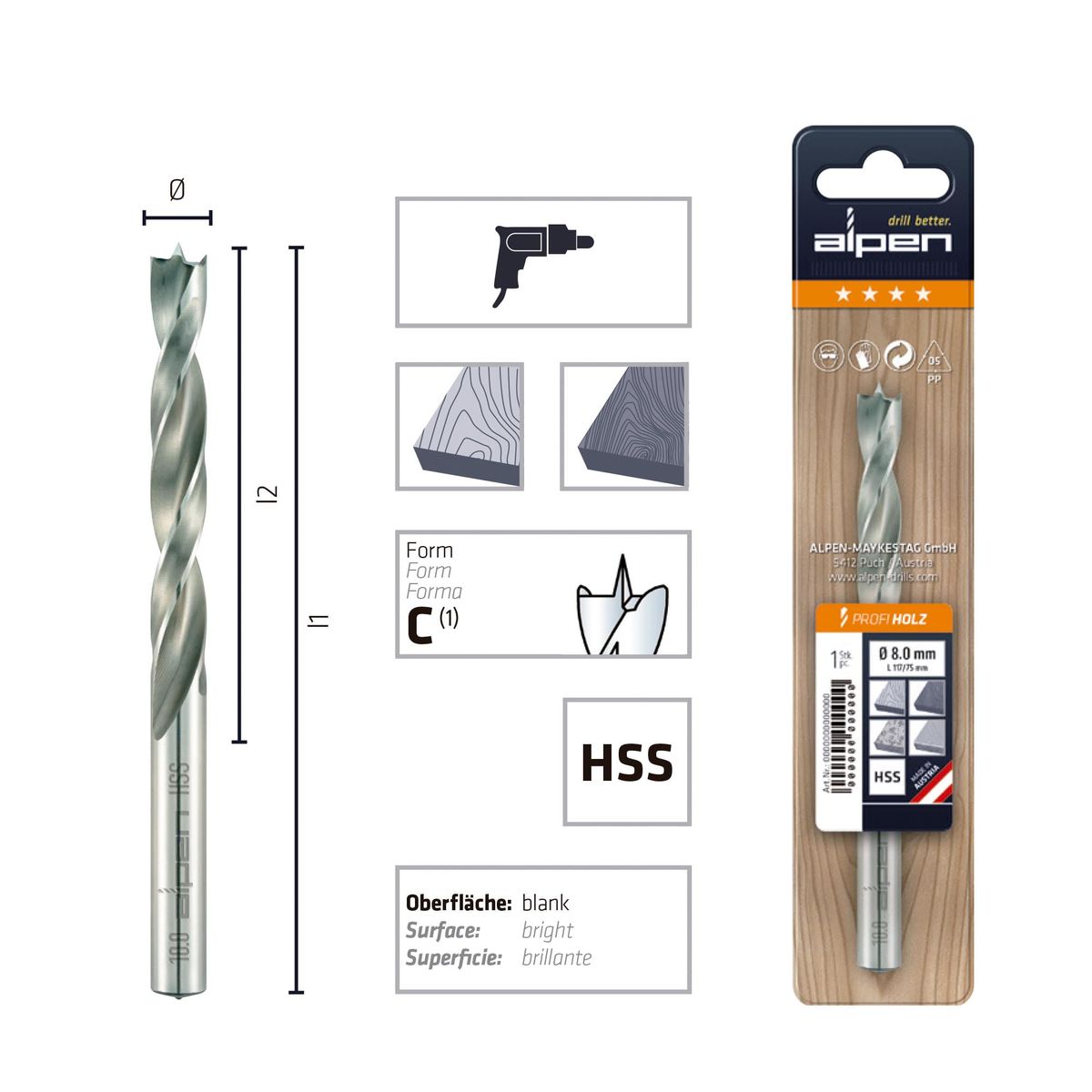 ALPEN - Broca Madera 8.0 mm HSS Profi Holz Largo 117 mm