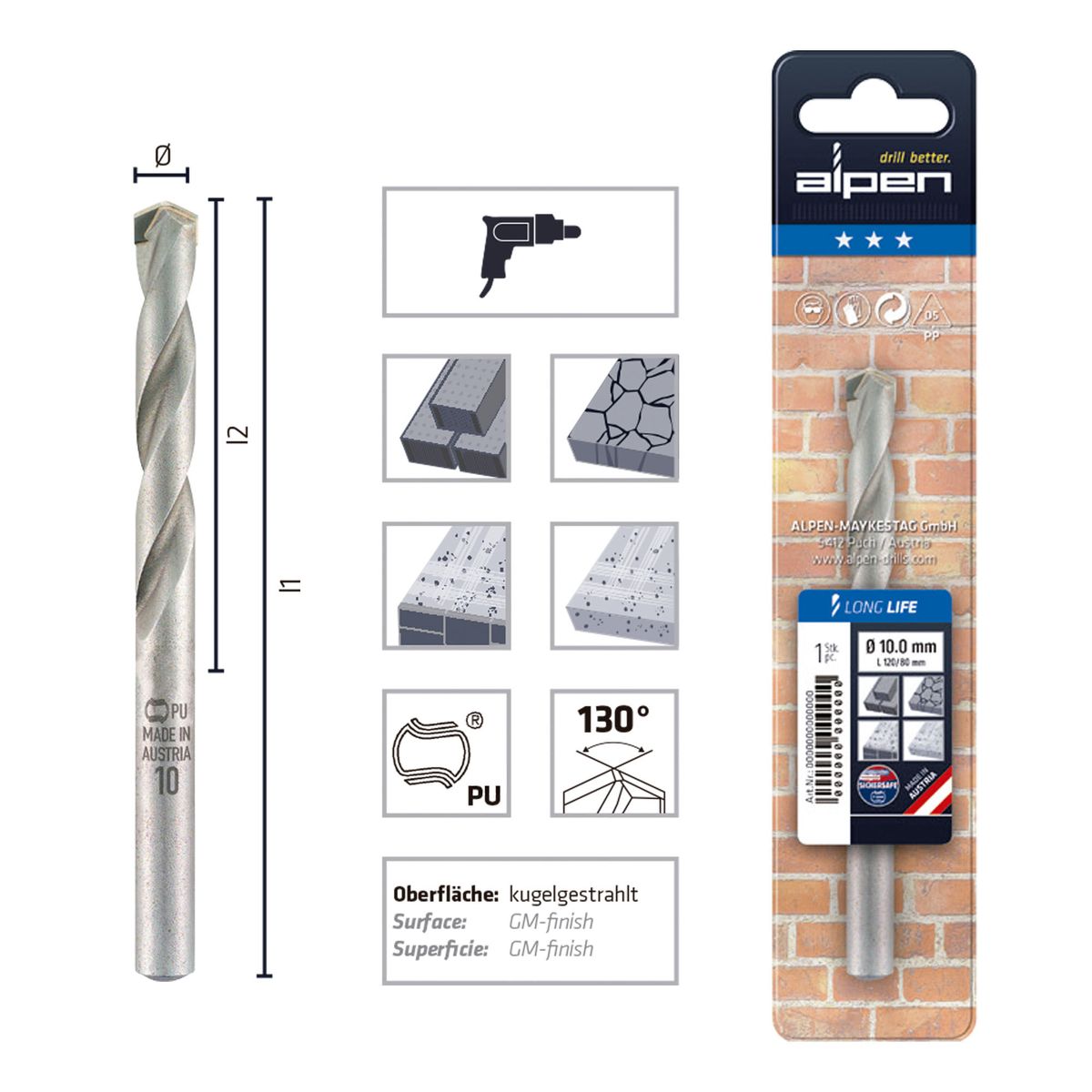 Broca Piedra 10.0 mm Largo 120 mm Long Life, marca ALPEN - Foto 2